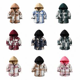 Baby Kids Shirts Plaid Boys Clothes Girls Coats Long Sleeved Hooded T-Shirts Children Toddler Tops Cardigan Autumn Spring Youth Clothing Turn Down Col 45bT#