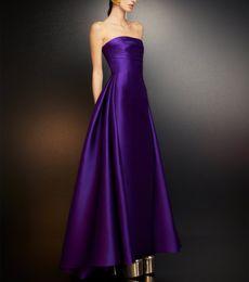 Elegant Long Satin Purple Evening Dresses With Side Train Sheath Strapless Pleated Zipper Back Ankle Length Prom Dress Party Dresses for Women