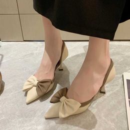 Dress Shoes 2023 New Mix Color Bowtie High Heels Shoes Women Two-Piece Thin Heels Pumps Woman Pointed Toe Elegant Slip-On Party Shoes LadiesL2402