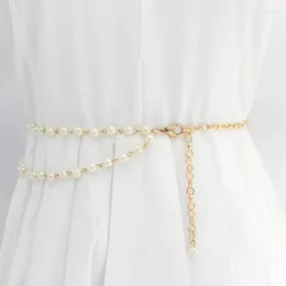 Belts Elegant Pearl Women Thin Belt Multilayer Adjustable Metal Chain For Ladies Dress Skinny Waistband
