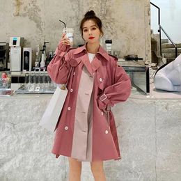 Women's Trench Coats Spring Women Pink Casual Short Windbreaker With Sashes Double-breasted Contrast Color Lapel Long Sleeve Female Coat