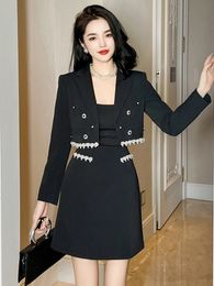 Work Style Black Formal Business 2 Pieces Outfit Suits Ladies Mujer Women Tops Coat Blazer Suit And Mini Skirt Short Set Commute 240122