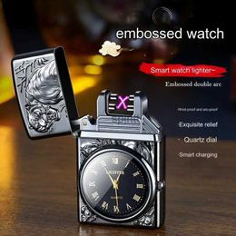 Lighters 2024 New Electric Watch Lighter Windproof Pulse Cigarette Lighter Metal Relief Creative Dial Double Arc Rechargeable Lighter YQ240124