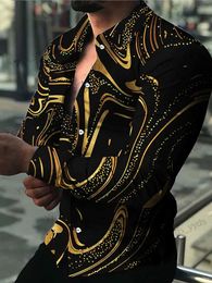 Men's Casual Shirts Hawaiian Shirts Luxury Golden Graphic Shirts Men Fashion Shirt Long Sleeve Cuba Lapel Beach Blouse Men Clothing Turn Over T240124