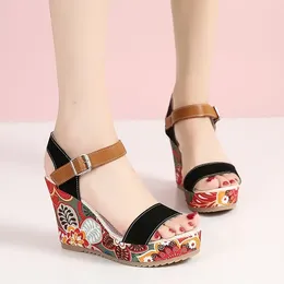 Sandals Summer Print Random Wedges Platform Women Shoes High Heels Open Toe 2024 Fashion Pumps Brand Female Zapatillas