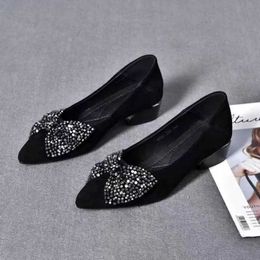 Dress Shoes Black Shoes for Women 2023 New Vintage Bling Bow Tie Chunky Heel Slip on Women Heeled Shoes Dress Office Laides Casual PumpsL231228