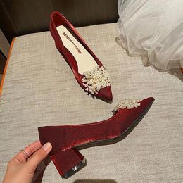 Dress Shoes 5cm Fashion Beading Satin Pumps Sexy Block Heels Bridesmaid Women Red 41 42 43