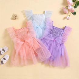 Girl Dresses Summer Born Baby Girls Casual Dress Princess Infant Kids Solid Lace Mesh Ruffles Bowknot Jumpsuits Tulle