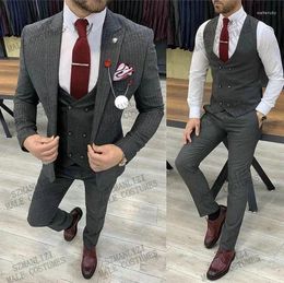 Men's Suits 2024 Grey Striped Business Blazer Men Wedding Suit Latest Coat Pant Designs Slim Fit 3 Piece Tuxedo Groom Prom Ternos