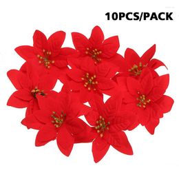 Decorative Flowers 10pcs Red Christmas Silk Artificial Glitter Poinsettia Flower 14cm Xmas Merry Home Party DIY Decorating