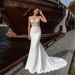 Stunningbride 2024 Sexy Boho Mermaid Wedding Dress For Women Appliques Lace Illusion Scoop Simple Bridal Gowns With Button Custom Made