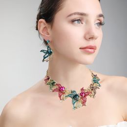 Colorful Shinning Crystal Two Pieces Earrings Necklace Wedding Bridal Sets