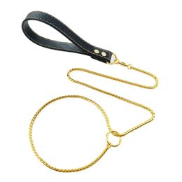 Leashes 2IN1 Dog Chain Collar Leash 304 Stainless Steel Dog Metal Collar Choke Silver Gold Pet Lead Rope With Leather Handle