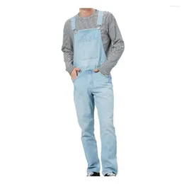 Men's Jeans Men Pants Soft Breathable Denim Jumpsuit With Suspender Long Non-fading Solid Colour Multi-pocket Design For Everyday