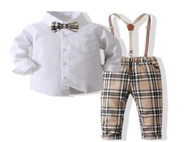 Baby Boys Gentleman Style Clothing Sets Spring Autumn Kids White Long Sleeve Shirt With BowtiePlaid Suspender Pants 2pcs Set Chil4447394