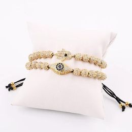 Bracelets New Design Luxury Men Jewellery Gold Plated CZ Pave Eye Hand Charm Beaded Macrame Bracelet Set Male