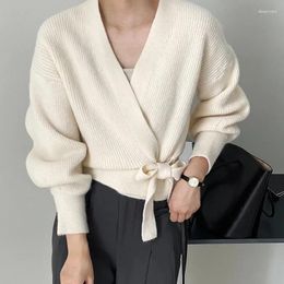 Women's Knits French Retro V-Neck Cardigan Coats For Women 2024 Autumn Lace Up Loose Knitwear Woman Lazy Style Waist Solid Long Sleeve