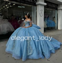 Sky Blue Sparkly Crystal Princess Quinceanera Dresses Luxury Crystal Off Shoulder Corset vestidos de 15 anos quinceaneras 2024