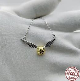 Necklaces 100% 925 Pure Silver Golden Snitch Pendant Necklace The Deathly Hallows Wing Charm Quidditch Gold Colour Snitch Necklace