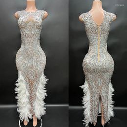 Stage Wear Sleeveless Silver Diamond Feather Dress Women Birthday Celebrate Outfit Evening Party Dresses Dancer Costumes XS5774