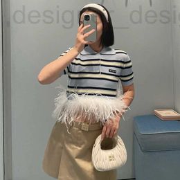 Women's T-Shirt designer brand Miu's T-shirt for women's 23 year winter college style slim fit stripes with ostrich hair polo collar short sleeves YWSS