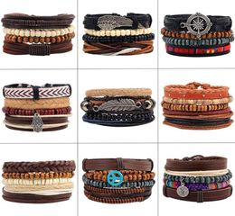 4pcsset Handmade Boho Gypsy Hippie Black Leather Rope Cord Wing Hand Leaves Compass Charm Stackable Wrap Bracelets for Man5482599