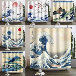Shower Curtains Japanese The Great Wave of Kanagawa Mount Fuji Shower Curtains Waterproof Polyester Fabric Bathroom Curtain with Hooks