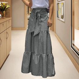 Skirts Retro A-line Skirt Elegant Plaid Print Maxi With High Elastic Waist Lace-up Detail Big Swing Patchwork For Women