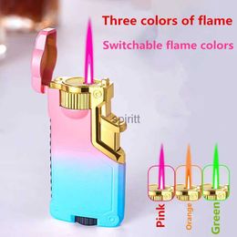 Lighters Creative Three Flame Butane Gas Lighter Metal Gradient Flame Switching Cool Windproof Torch Lighter Smoking Accessories Gadgets YQ240124