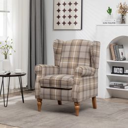 Modern Accent Chair with Retro Wood Legs, Comfy Upholstered Armchair,Tantan Cheque Design Single Sofa Chair for Living Room Bedroom Office