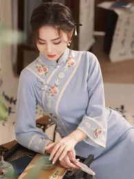 Ethnic Clothing Chinese Style Qipao Dress Autumn And Winter Young Lady Retro Daily Blue Qiapo Large-sleeved Hanfu National Cheongsam