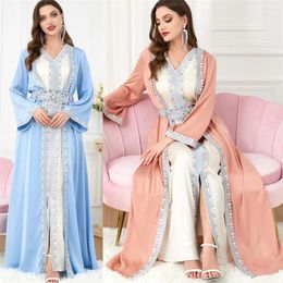 Ethnic Clothing 2 Piece Set Ramadan Abaya Modest Islamic Women Dresses V-Neck Lace Tape Belted Kaftan Cardigan Muslim Moroccan Jalabiya