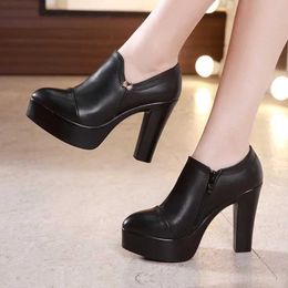 Dress Shoes Small Size 32-43 Block Heels Platform Pumps Women 2023 Fall Black Split Leather Shoes High Heels for Thin Feet Office Model Mom