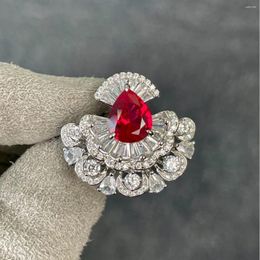 Cluster Rings ZOCA High Quality Real 925 Sterling Silver Pear Ruby Red Colour Carbon Diamond Fan Shaped Luxury Fine Jewellery Women