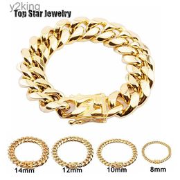 8mm/10mm/12mm/14mm/16mm/18mm Stainless Steel Bracelets 18k Gold Plated High Polished Miami Cuban Link Men Punk Curb Chain Butterfly Clasp Y6V9