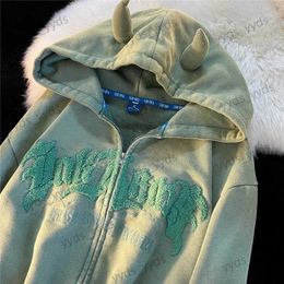 Men's Hoodies Sweatshirts Retro Little Devil Horn Y2K Hoodies Letter Embroidery Hoodies Vintage Zip Long Sleeve Harajuku Unisex Casual Loose Jackets Coats T240124