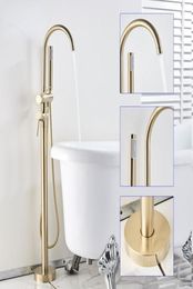 Brushed gold Bathtub Floor Stand Faucet Mixer Single Handle Mixer Tap 360 Rotation Spout With ABS Handshower Bath Mixer Shower4518101