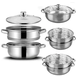 Double Boilers Stainless Steel Vegetable Steamer Pan Set Glass Lid Transparent Stacktable 1/2/3-Layer Steaming Cookware Stock