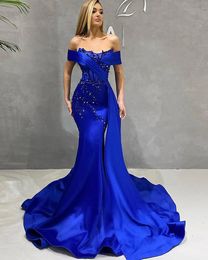 Luxury Satin Royal Blue Women's Evening Dress Off the Shoulder Sequins Lace Mermaid Prom Pageant Formal Party Gowns Robe De Soiree Vestidos De Feast