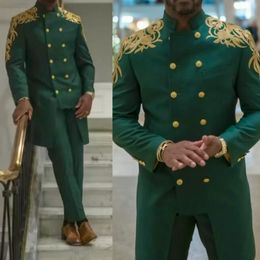 Green Groom Wedding smoking Appliques oro Stand Collar Sfalta a doppio seno da uomo Birthday Birthday Birthday Obbiglia