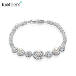 Bangles LUOTEEMI New Arrival Classic Sparking White SimulatedPearl Clear Cubic Zirconia Wedding Bracelet & Bangles for Women Jewellry