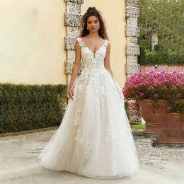 Stunningbride 2024 V-neck Boho Wedding Dresses Floor-length Tulle Lace Appliques A-line Plus Size Covered Buttons Backless Bridal Gowns For Women