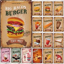 Metal Painting Fast Food Menu Metal Tin Sign Sand Ice Cream Burger Restaurant Poster Home Kitchen Iron Plate Mural Cafe Wall Decor Plaque