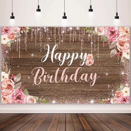 Happy Birthday Photography Background Black Rose Gold Flower Birthday Party Decoration Poster Background Baby Shower Decoration 240124