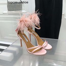 Aquazzura Aura Embellishment feather New Womens Sandals Stiletto Heels Evening Shoes100mm Silk Ankle Band Women Summer Designers Shoes with Box