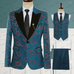 Men's Suits Handsome High-end Men Male Wedding Groom Blue Red Jacquard Black Velvet Lapel Slim Fit Blazer Set (Jacket Pant Vest)