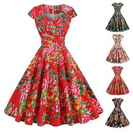 Casual Dresses Women Fashion Chinese Red Flower Print 2024 Year Party Retro Vintage Dress Loose Summer Petite