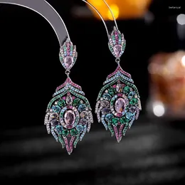 Dangle Earrings Cubic Zirconia Colorful Feather For Women Vintage Jewelry Female Gift