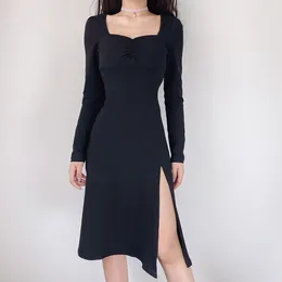 Casual Dresses Sexy Bodycon Black Split Square Neck Dress Women 2024 Summer Korean Style High Waist Skinny Woman Solid