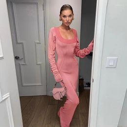 Casual Dresses 2024 Early Spring Style Personalised U-neck Long-sleeved Slim Pink Inner Dress Elegant Party Club Clothing
